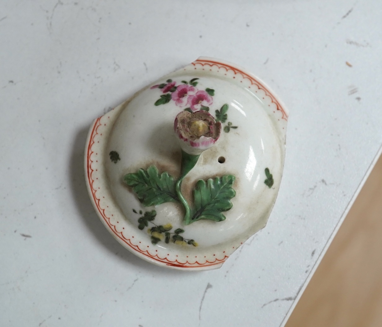 A Worcester teapot, c.1770, an 18th century Chinese famille rose and a blue and white dish, a small blue and white dish, a cup and saucer and teapot, largest dish 39cm (7). Condition - most damaged, cracked or chipped